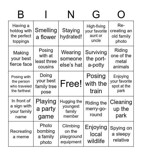 Family Reunion Selfie Bingo Card