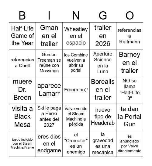 HALF-LIFE BINGO Card