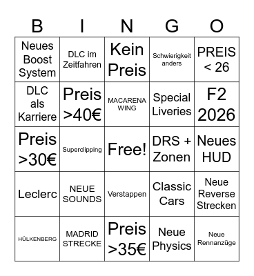F1 DLC BINGO Card