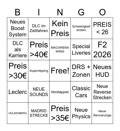 F1 DLC BINGO Card