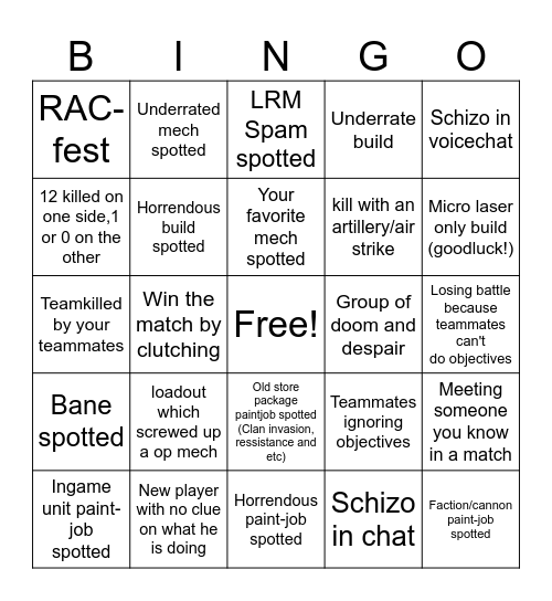 MWO public lobby Bingo Card
