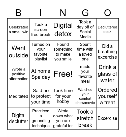 Self Care Bingo Card