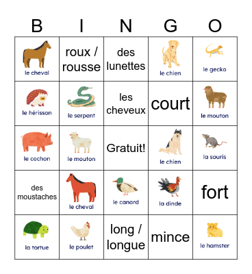 Les animaux Bingo Card