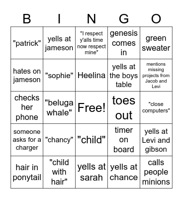 Mrs.B class Bingo Card
