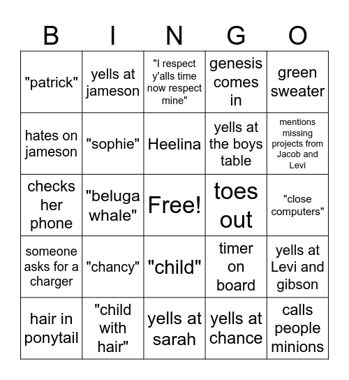 Mrs.B class Bingo Card