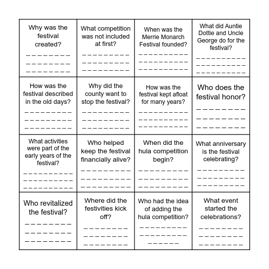 Ask the questions. Write the answers. Bingo Card
