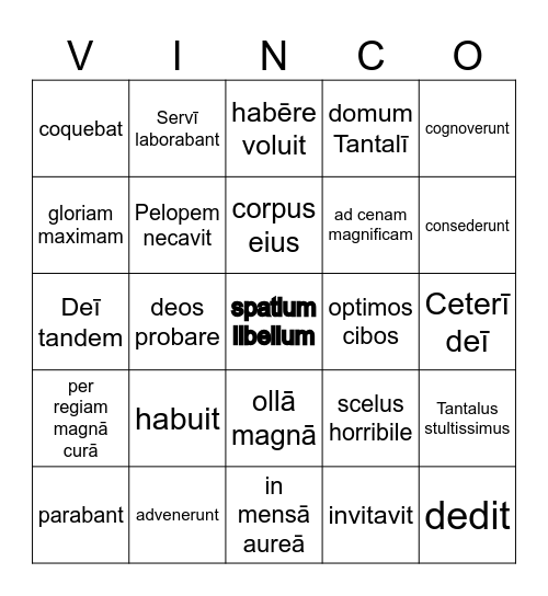 Tantalus Bingo Card