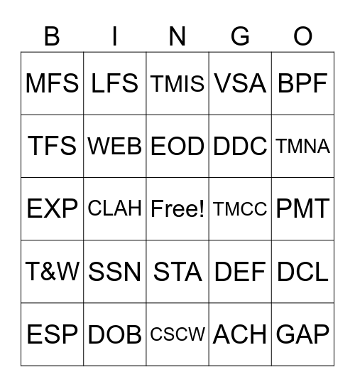 TOYOTA LINGO Bingo Card