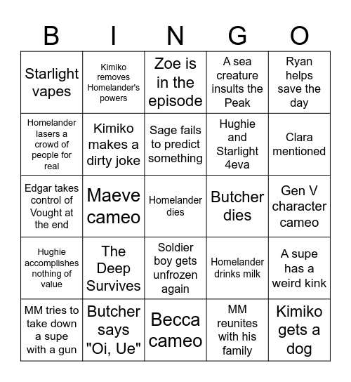 The Boys Finale Bingo Card