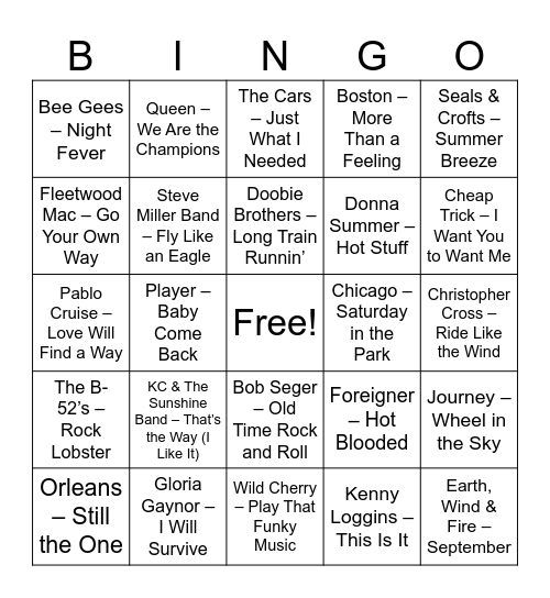 Hooked on hits heat index 70s Bingo Card