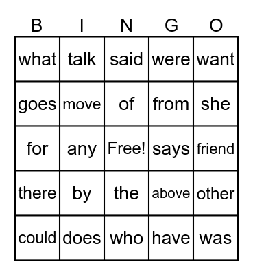 Heart Word Bingo Card