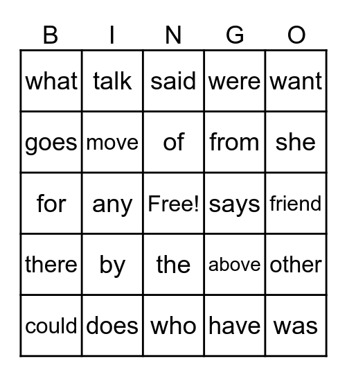 Heart Word Bingo Card