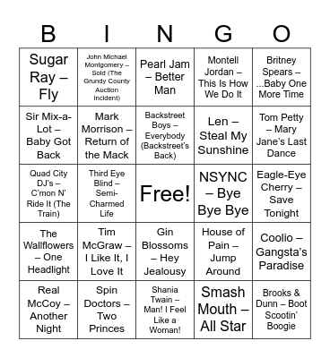 Hooked on hits heat index 90s Bingo Card
