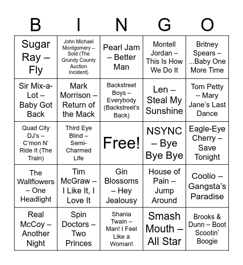 Hooked on hits heat index 90s Bingo Card