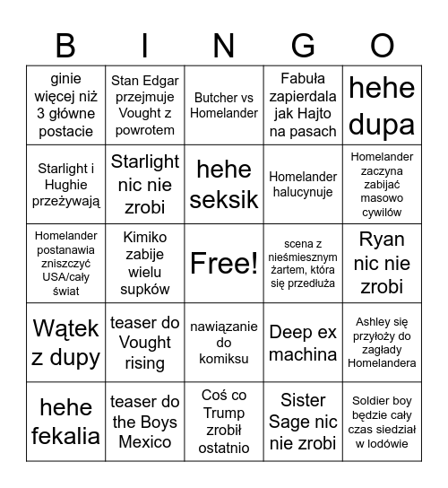 The Boys Finale Bingo Card