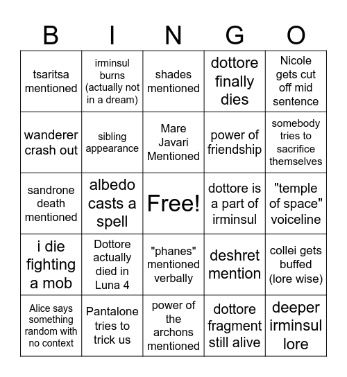 GENSHIN LUNA 7 AQ BINGO Card