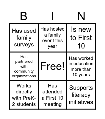 First 10 Bingo Card