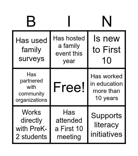 First 10 Bingo Card