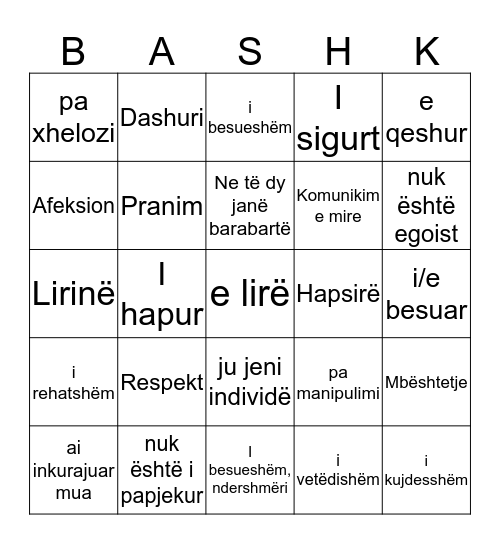 Marrëdhënie të Shëndetshme Bingo Card