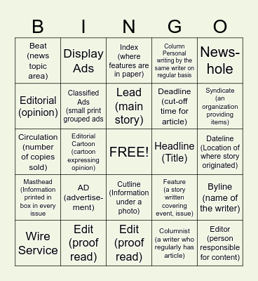 Post and Courier game 5 Bingo Card