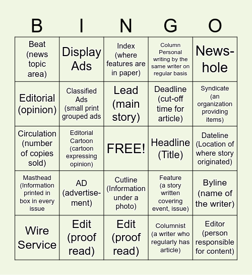 Post and Courier game 5 Bingo Card