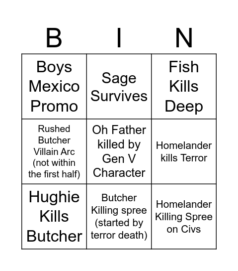 The Boys Final Bingo Card