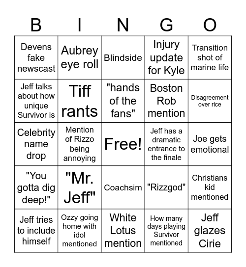 SURVIVOR 50 Bingo Card