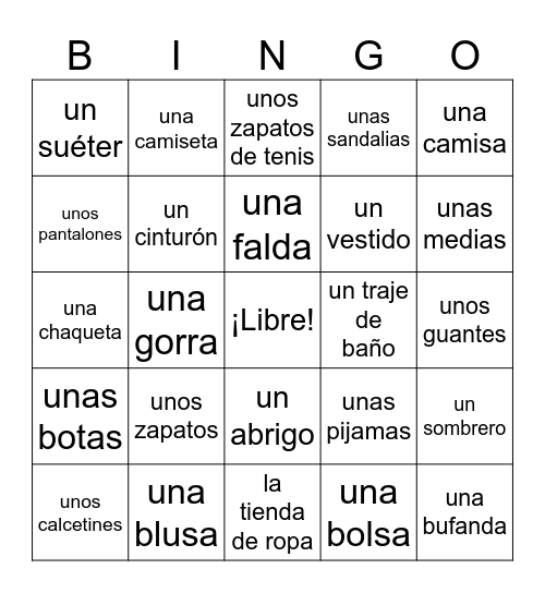 Voc. La Ropa Bingo Card