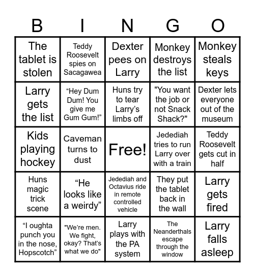 Night at the Museum Bingo Card