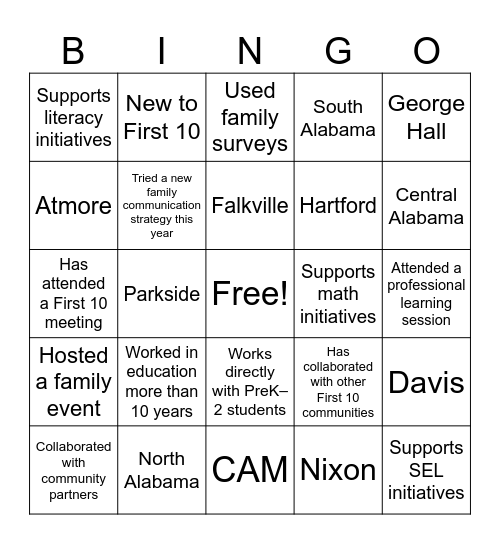 First 10 Bingo! Bingo Card