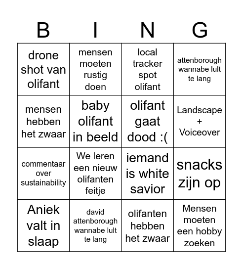 huisavond olifanten bingo Card
