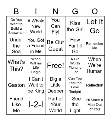 Disney Songs Bingo Card
