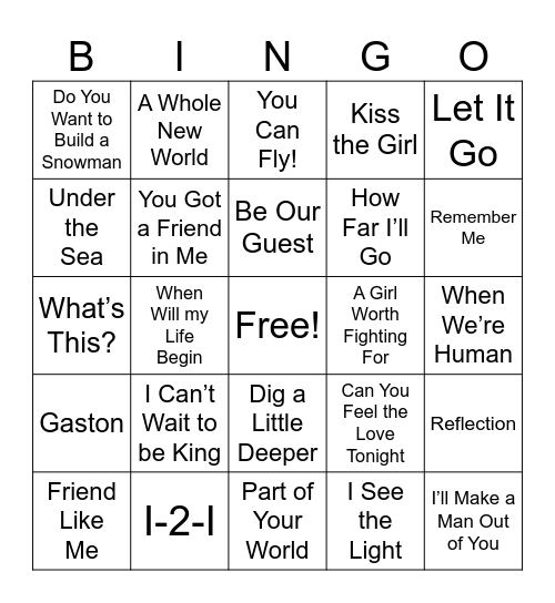 Disney Songs Bingo Card