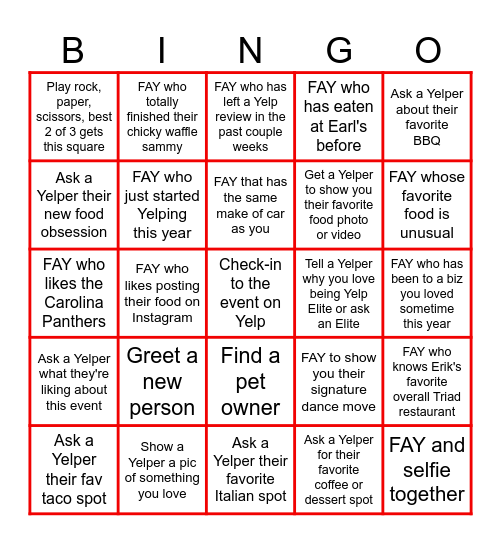 NON-ELITE BINGO! FAY = Find a Yelper at Earl's Bingo Card