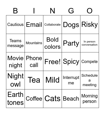 New Staff Bingo Card