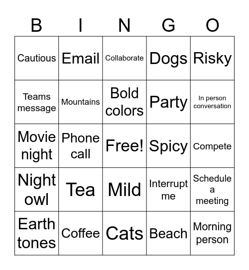 New Staff Bingo Card