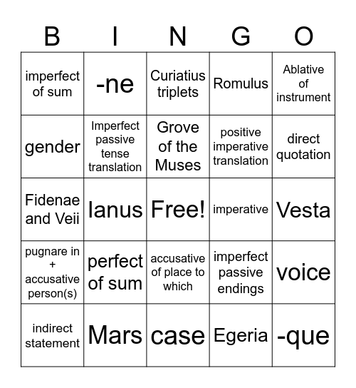 Latin 1B Study Guide Bingo Card
