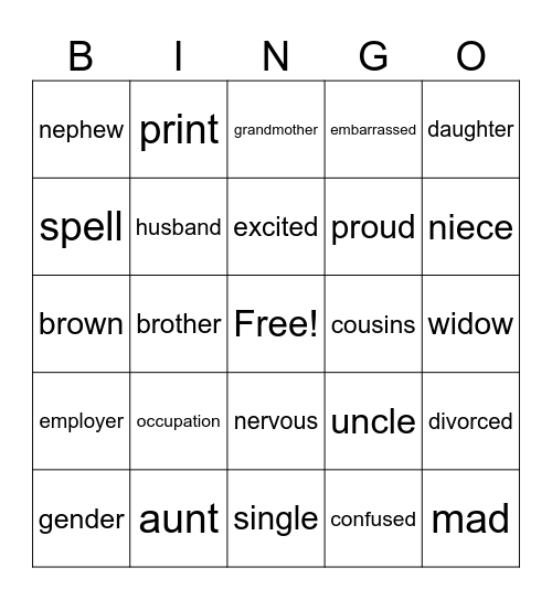 Vocabulary Bingo Card