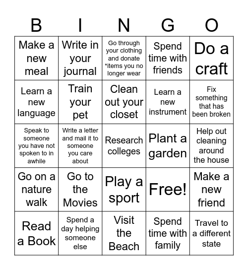 Things to do this Summer Bingo Card