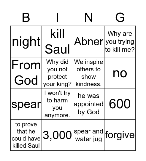 David Spares King Saul Bingo Card