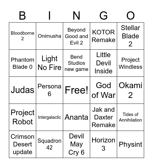 Sony State of Play 2026 Bingo Card
