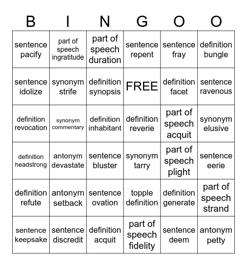 Vocabulary Units 4 and 5 Bingo Card