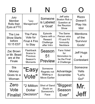 Survivor 50 Finale Bingo Card
