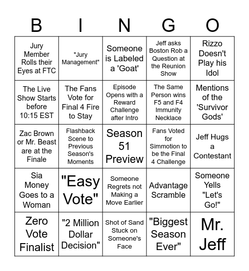 Survivor 50 Finale Bingo Card