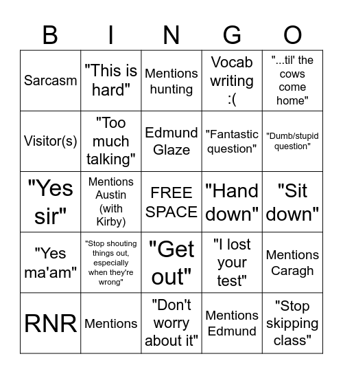 Mr. Mastrianni Bingo Card