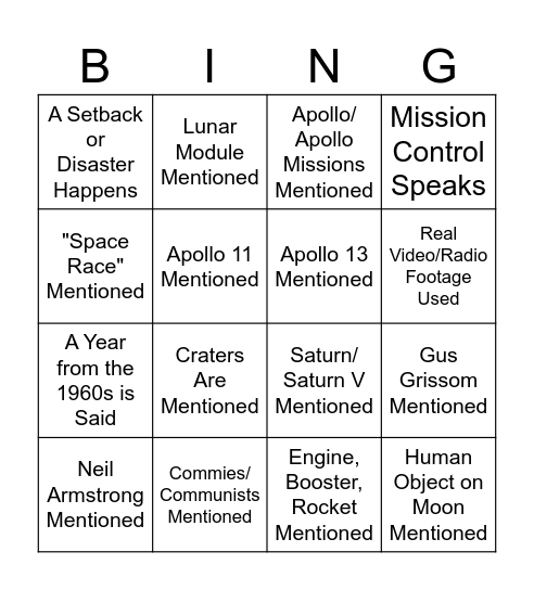 Moon Landing Documentary Bingo Card