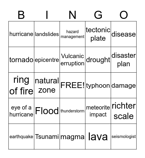 Natural disaster bingo Card