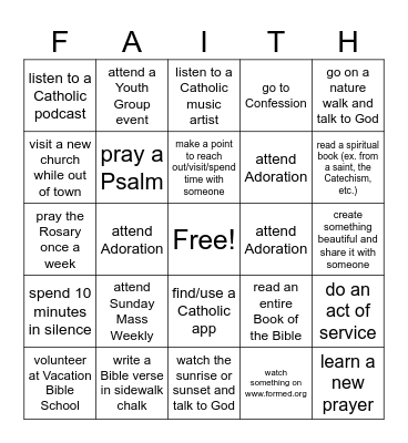St. Patrick's Summer Youth Group Bingo Card