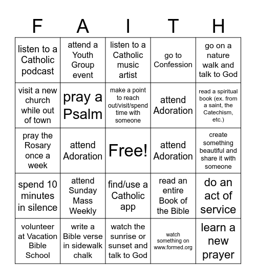 St. Patrick's Summer Youth Group Bingo Card