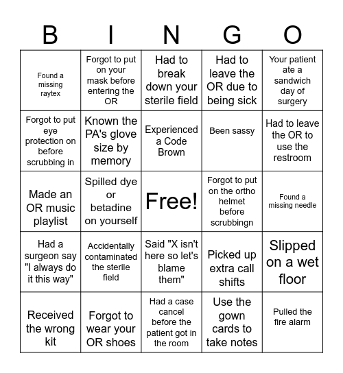 Operating Room BINGO Card
